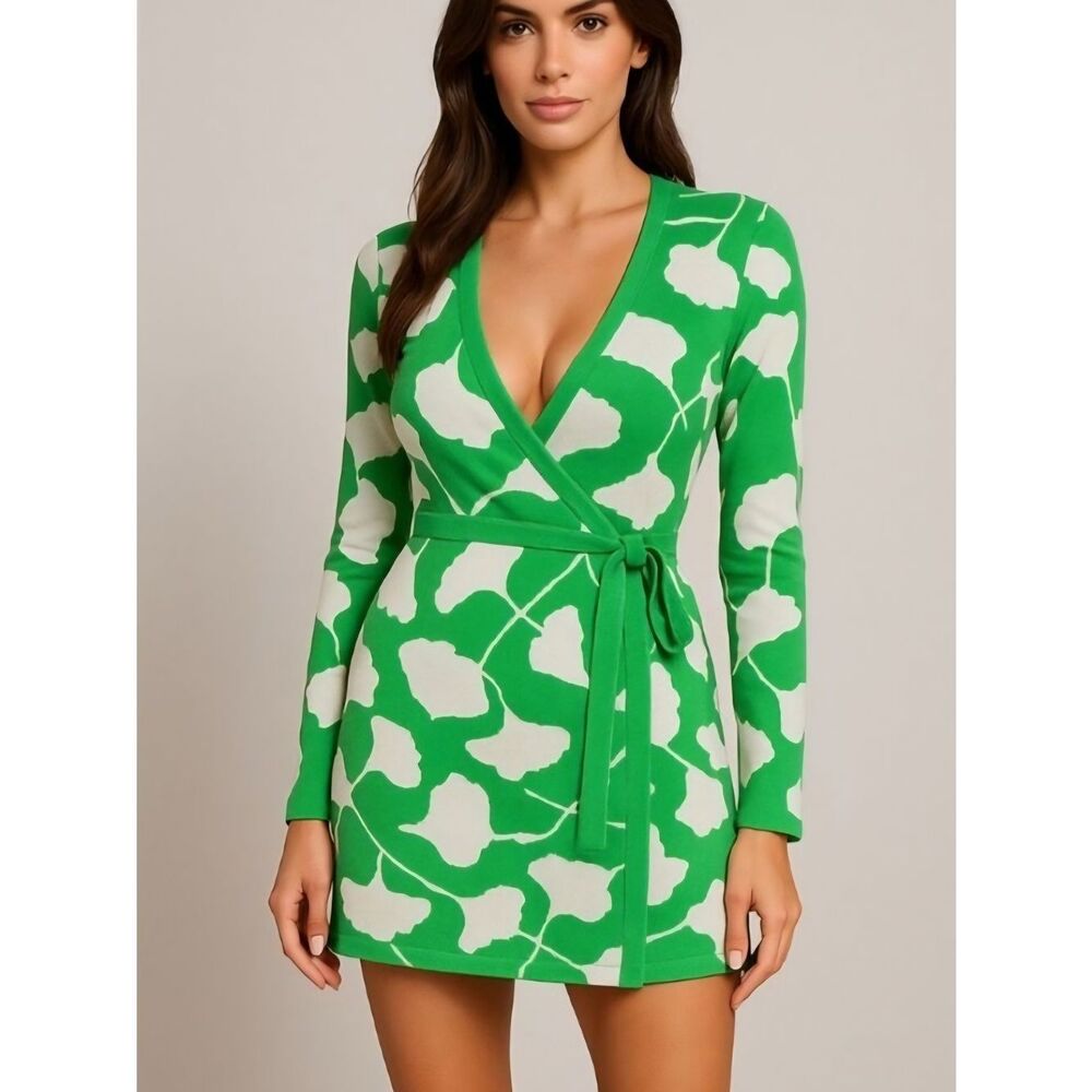 Diane von Furstenberg Green Floral Wrap Mini Dress